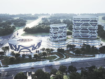 Aerial Planning of Modern High-Rise Buildings with Circular Design Greenery Roads and Trees 3d model