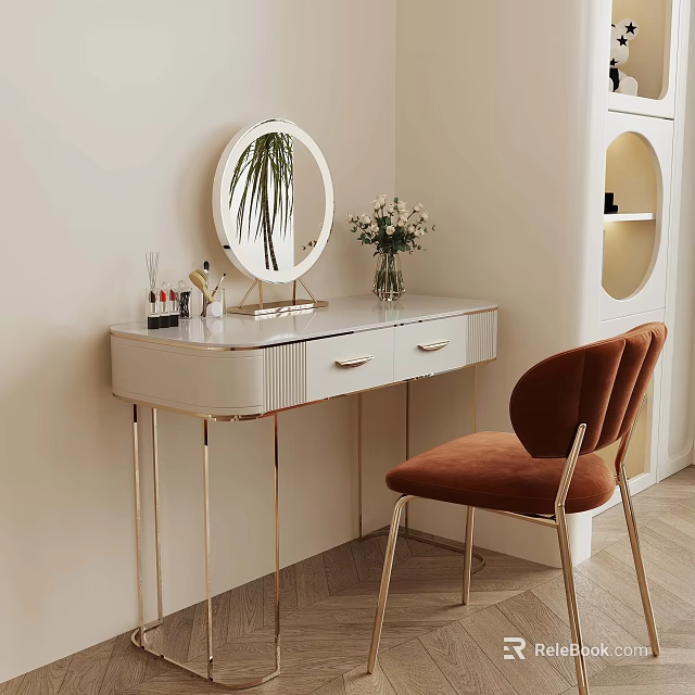 Modern Vanity Table With Round Mirror Velvet Chair Cosmetics And Flower Vase 3d model 