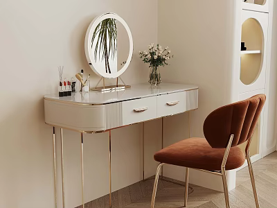 Modern Vanity Table With Round Mirror Velvet Chair Cosmetics And Flower Vase 3d model