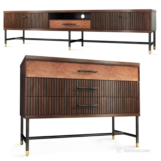 Sleek Modern TV Stand With Wooden Panel Striped Design Metal Legs And Storage Drawers 3d model 