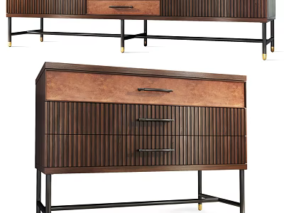 Sleek Modern TV Stand With Wooden Panel Striped Design Metal Legs And Storage Drawers 3d model