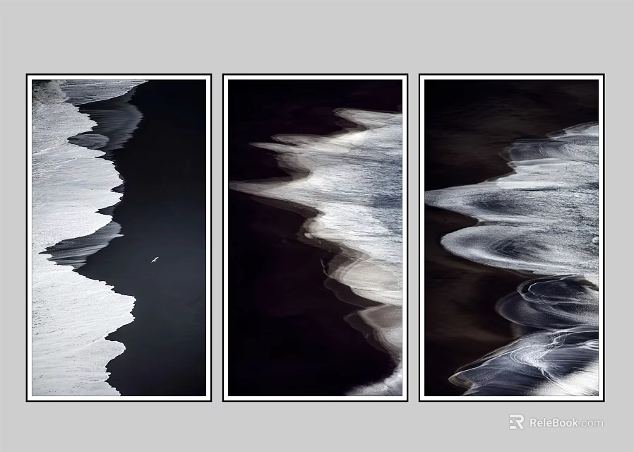 Abstract Black And White Wave Art Triptych For Modern Wall Decor 3d model 