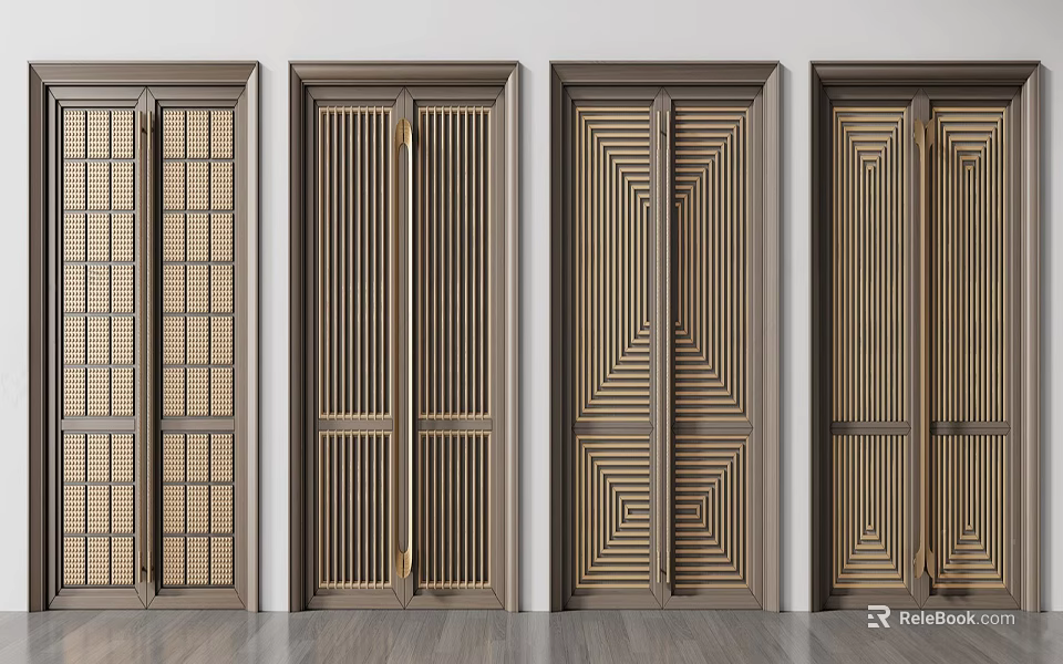 Modern Double Doors Featuring Various Geometric Patterns Line Designs And Brown Frames 3d model