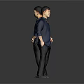 Man wearing blue shirt and black pants front and back view standing against gray background 3d model