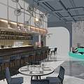 Elegant Restaurant Interior With Bar Counter Wine Bottles Bowls On Shelves And Blue Bar Stools