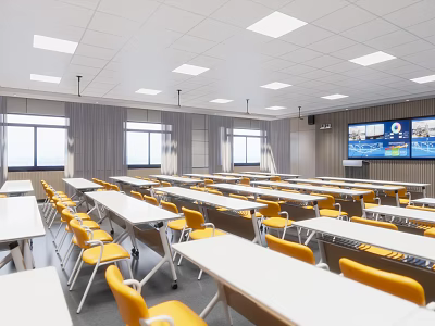 School Classroom With Rows Of White Desks Yellow Chairs Large Screen Windows And Ceiling Lights 3d model