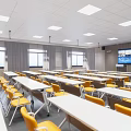 School Classroom With Rows Of White Desks Yellow Chairs Large Screen Windows And Ceiling Lights