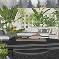 Stylish Outdoor Sofa on Patio with Green Plants Coffee Table and Decorations