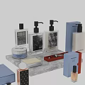 Modern Ornamental Decor Collection with Marble Slab Bottles Jars and Blue White Boxes