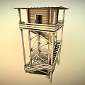 Wooden Tower Structure With Small Cabin Platform Stairs And Wooden Frame Roof