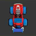 Red And Blue Cartoon Style Toy Car With Large Wheels And Exhaust Pipes