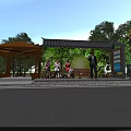 Urban Road Facilities With Wooden Pavilion Bench Signboard And Trash Can Near Green Trees
