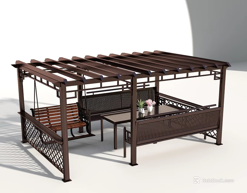 Wooden Pergola Outdoor Structure With Swing Bench Table And Decorative Plant 3d model 
