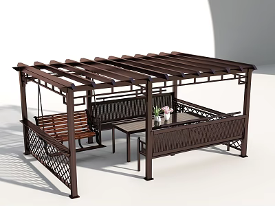 Wooden Pergola Outdoor Structure With Swing Bench Table And Decorative Plant 3d model