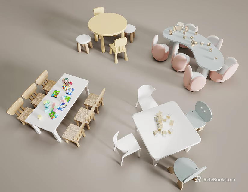 Kids Table Set With Various Shapes Pastel Colors Chairs And Play Toys On Top 3d model 