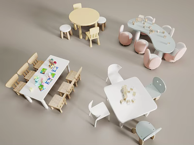 Kids Table Set With Various Shapes Pastel Colors Chairs And Play Toys On Top 3d model