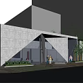Modern Concrete Sales Office Building With Glass Facade Entrance And Greenery Outside