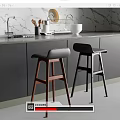Elegant Modern Kitchen Interior Featuring Two Bar Stools With Marble Wall And Countertop 3d model