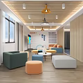Modern Interior Lounge Space With Vertical Wooden Slats Partition Sofa And TV Screen