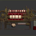 Vintage Mechanical Machine With Red And White Striped Rollers Brass Components And Glass Bottle
