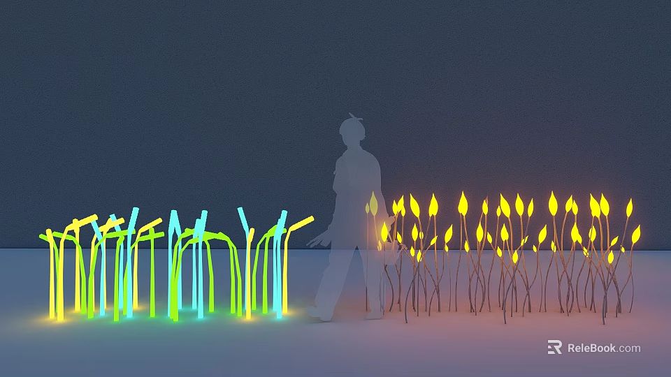 Decorative Outdoor Lights with Blue Green and Yellow Glow Plant Like Stem Shape Slender Poles Top Illuminated Parts 3d model 