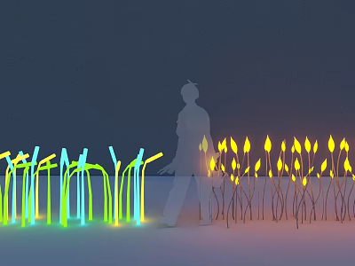 Decorative Outdoor Lights with Blue Green and Yellow Glow Plant Like Stem Shape Slender Poles Top Illuminated Parts 3d model