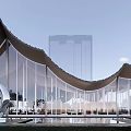 Modern Architectural Design With Curved Roof Glass Curtain Walls And Tall Buildings Background Trees