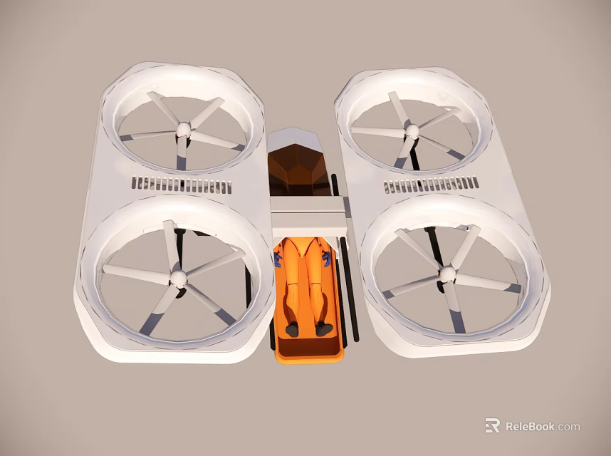 Manned Flying Vehicle With White Body Four Propellers And Orange Seat 3d model 