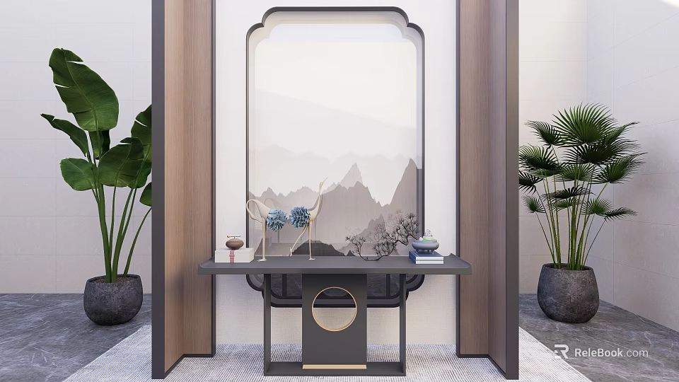 Modern Chinese Entryway Hallway Interior With Mountain Landscape Painting Console Table And Green Plants 3d model 