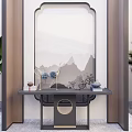 Modern Chinese Entryway Hallway Interior With Mountain Landscape Painting Console Table And Green Plants