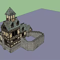 Ancient Medieval Building with Pointed Tower Timber Framed Structure Stone Walls and Multiple Roofs
