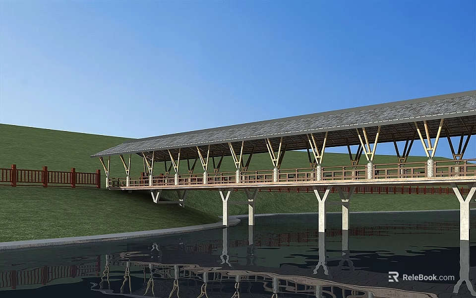 Garden Landscape With Covered Wooden Bridge Over Water Green Grass And Blue Sky Reflection 3d model 