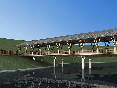 Garden Landscape With Covered Wooden Bridge Over Water Green Grass And Blue Sky Reflection 3d model