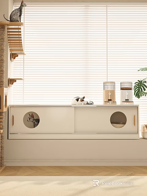 White Home Storage Cabinet With Circular Doors Cats Inside And Feeders On Top 3d model 