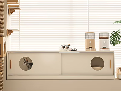 White Home Storage Cabinet With Circular Doors Cats Inside And Feeders On Top 3d model