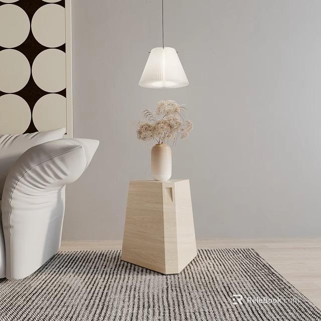 Light Wood Side Table With White Sofa Table Lamp Dried Flowers And Circular Pattern Rug 3d model