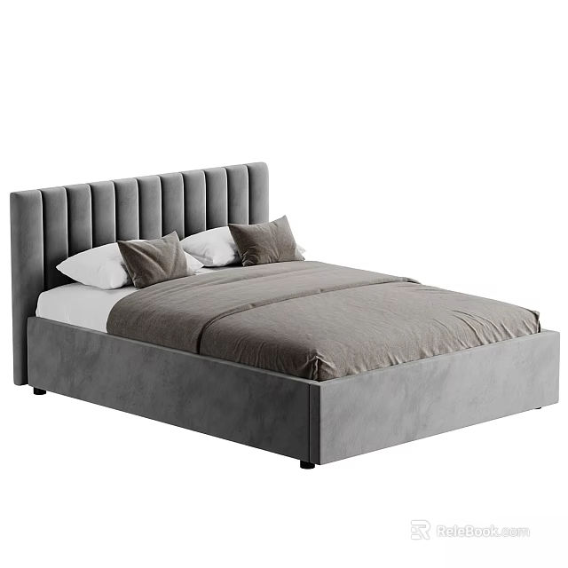 Modern Grey Double Bed With Tufted Headboard And Grey Bedding White Pillows 3d model