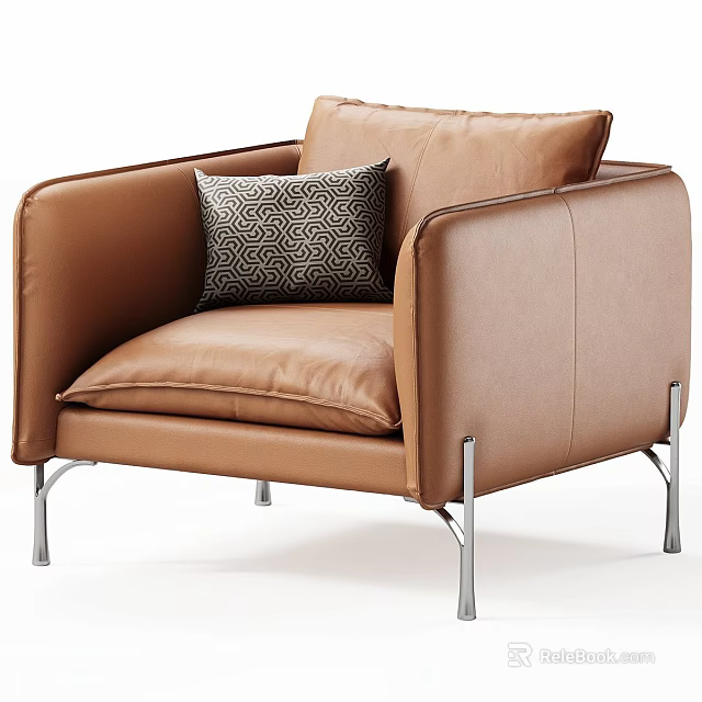 Brown Leather Leisure Chair With Metal Legs And Geometric Pattern Accent Pillow 3d model 