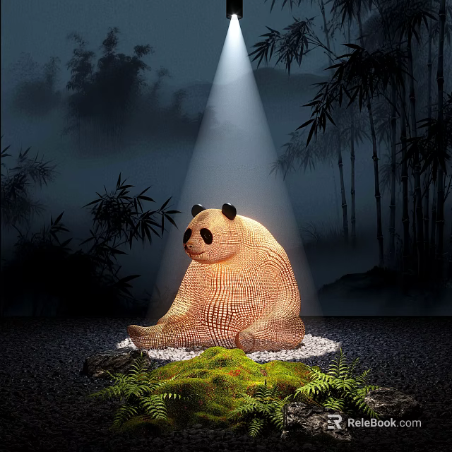 Indoor Landscape With Panda Sculpture Bamboo Trees Moss Stone Base And Spotlight 3d model 