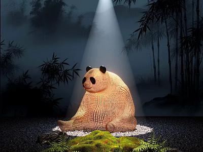 Indoor Landscape With Panda Sculpture Bamboo Trees Moss Stone Base And Spotlight 3d model