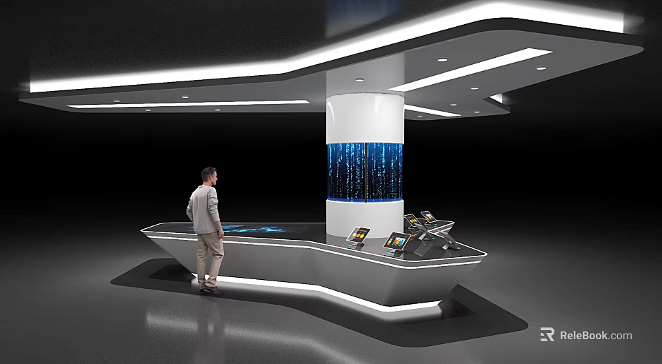 Modern Display Cabinet Showcase With Sleek Structure Interactive Tablets And Standing Person 3d model 