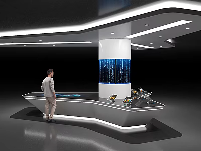 Modern Display Cabinet Showcase With Sleek Structure Interactive Tablets And Standing Person 3d model