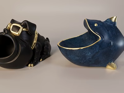Black Bulldog and Blue Shark Shaped Decorative Ornament Set with Gold Accents and Glossy Finish 3d model