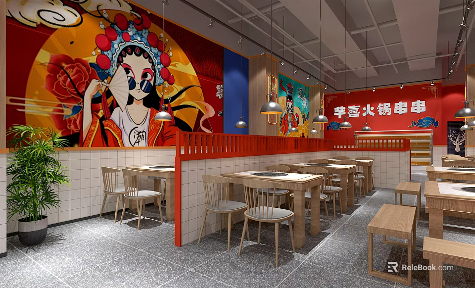 Cuihui Skewer Hotpot Restaurant With Traditional Modern Decor Red Theme And Open Dining Area 3d model 