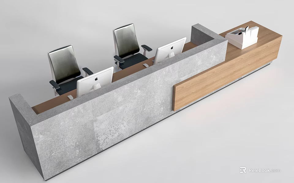 Modern Front Reception Desk With Two Office Chairs Computers Wooden Countertop Concrete Structure 3d model 