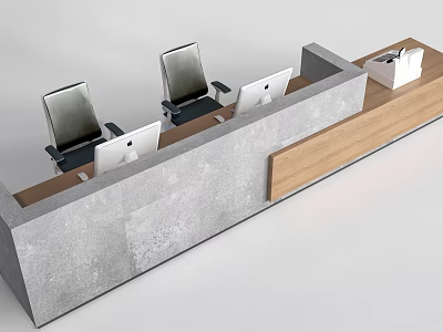 Modern Front Reception Desk With Two Office Chairs Computers Wooden Countertop Concrete Structure 3d model