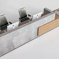 Modern Front Reception Desk With Two Office Chairs Computers Wooden Countertop Concrete Structure 3d model