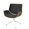 Modern Office Chair With Black Leather Seat Wooden Frame And Metal Caster Base