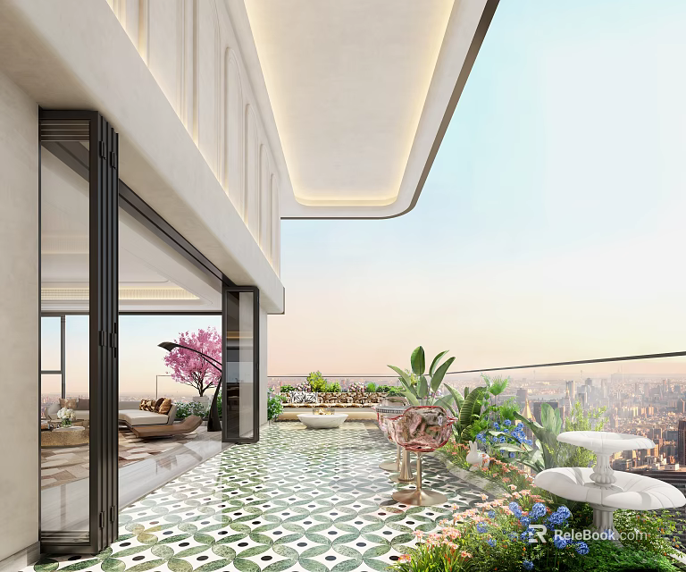 Stylish Balcony Garden Featuring Green Plants Pink Flowering Tree And City Skyline View 3d model 