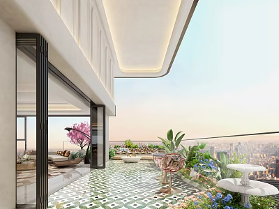 Stylish Balcony Garden Featuring Green Plants Pink Flowering Tree And City Skyline View 3d model